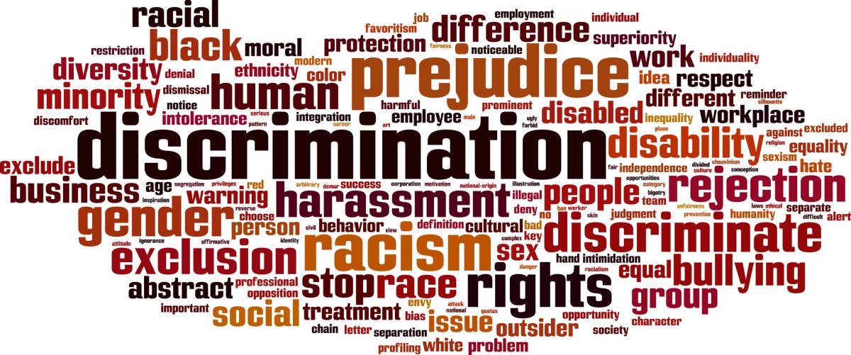 Discrimination word cloud concept and if you need a top discrimination and harassment attorney find one in Chicago loop.